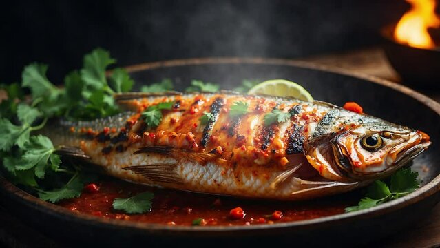 a plate of sea food, spicy grilled fish