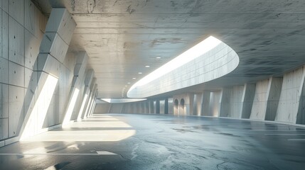 This 3D render shows a futuristic concrete building with a car park and an empty cement floor.