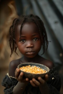 A little African hungry child with a plate of food in africa