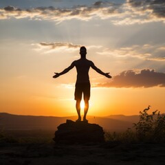 Fototapeta premium A man on a rock embraces the vibrant sunset with outstretched arms, creating a stunning silhouette against the warm orange and blue sky, contemplating natures beauty.