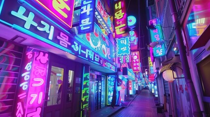 Colorful neon billboards at the Songpa Gu nightlife district in Seoul, South Korea