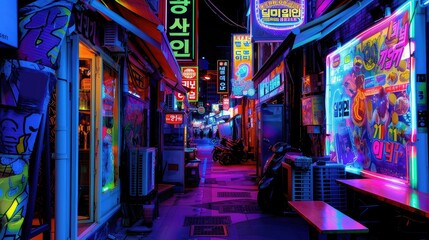 Colorful neon billboards at the Songpa Gu nightlife district in Seoul, South Korea