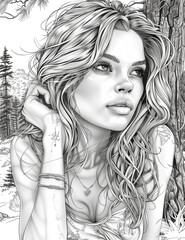 Fototapeta premium Portrait of a beautiful girl against the backdrop of a mountain landscape. Antistress coloring book for children and adults