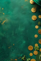 Saint Patricks day hat banner, golden coins and shamrocks on green background