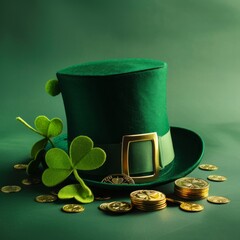 Saint Patricks day hat banner, golden coins and shamrocks on green background