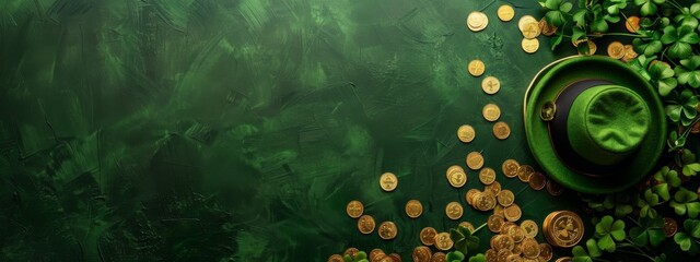 Saint Patricks day hat banner, golden coins and shamrocks on green background