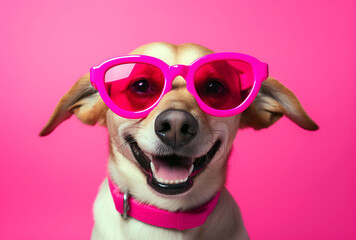 a dog in pink heart shaped glasses on pink background - obrazy, fototapety, plakaty