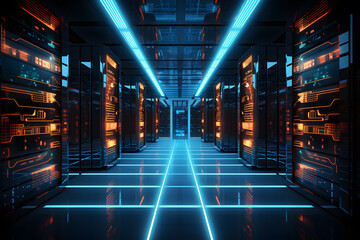 A server room data center with blue neon led lights 