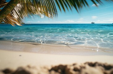 Fototapeta na wymiar a beach beach with palm trees and water