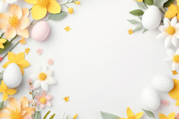 Obraz premium easter background with colorful eggs bunny and flowers on white background.happy Easter, spring, farm, holiday,festive scene , greeting cards, posters, .Easter holiday card concept.copy space 