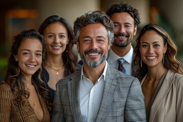 a group of business women and men in an office smiling, in the style of human-canvas integration. Generative AI - obrazy, fototapety, plakaty