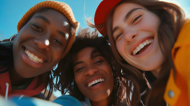 Group of young friends of diverse nationalities were having fun together and taking close-up photos together with smiles outdoors together, radiating happiness.