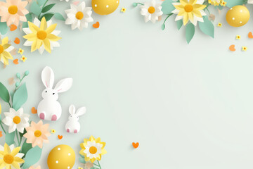 Fototapeta na wymiar easter background with colorful eggs bunny and flowers on white background.happy Easter, spring, farm, holiday,festive scene , greeting cards, posters, .Easter holiday card concept.copy space 