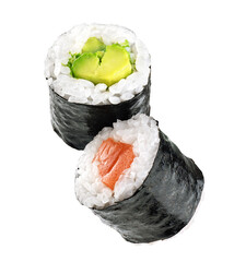 Sushi rolls with avocado and salmon isolated on white background. With clipping path.