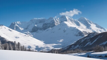 Fototapeta na wymiar A snowy landscape with a snowy mountain in the background
