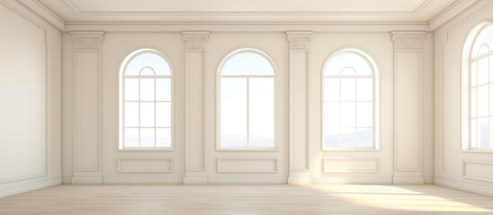 An interior room with modern design features, showcasing a white floor and three windows. The room appears bare and empty, with no furniture or decorations present.