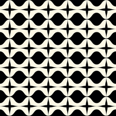 Retro geometric 70s cream and black waves and crosses mid century seamless pattern