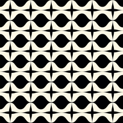 Retro geometric 70s cream and black waves and crosses mid century seamless pattern