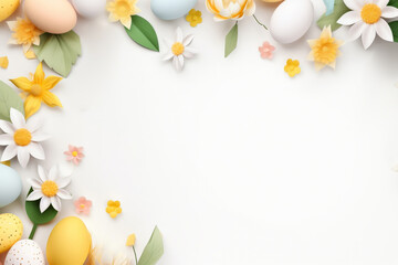Naklejka na ściany i meble easter background with colorful eggs bunny and flowers on white background.happy Easter, spring, farm, holiday,festive scene , greeting cards, posters, .Easter holiday card concept.copy space 