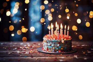 Happy birthday cake with burning candles and colorful confetti background celebration