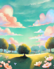 Painting of landscape of trees in a park with dreamy pastel clouds, and peach-colored flowers