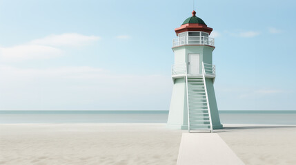 Path leading towards pastel colored lighthouse by the sea, on empty sand beach. Minimalist coastal...