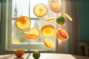 Naklejka premium Citrus fruit slices. Oranges limes and lemons flying adorn the table in the air