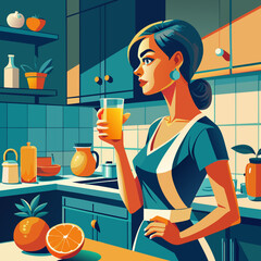 Beautiful woman drinking orange healty orange juice in the kitchen - 747375714