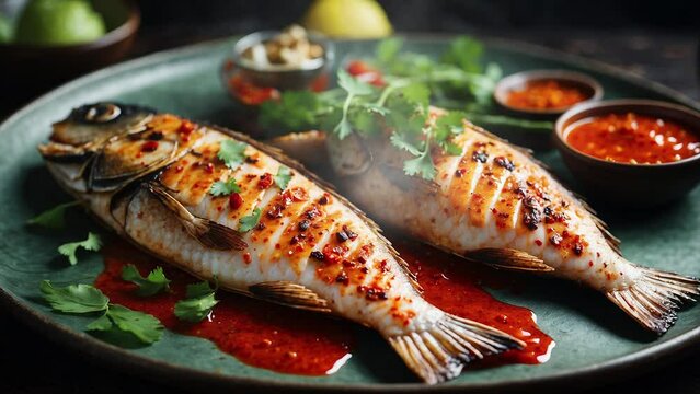 a plate of sea food, spicy grilled fish