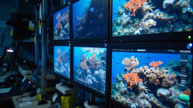A series of monitors in a control room display realtime data from ocean temperature and salinity sensors as well as video footage from underwater cameras. Scientists in lab