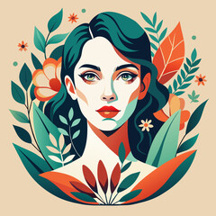 Women's faces in a one-line art style with flowers and leaves.  - 747375921