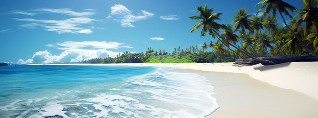 a white sandy beach with palm trees and blue sea - obrazy, fototapety, plakaty