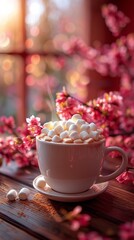 A cup of hot chocolate and marshmallows on a table