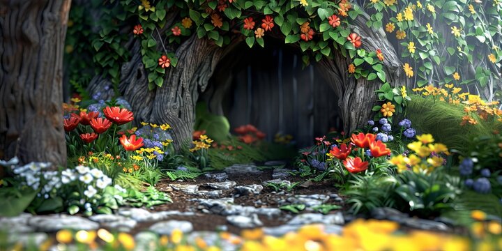 Enchanted Tree Entrance to Magical World.
Mystical tree entrance with colourful flowers.
