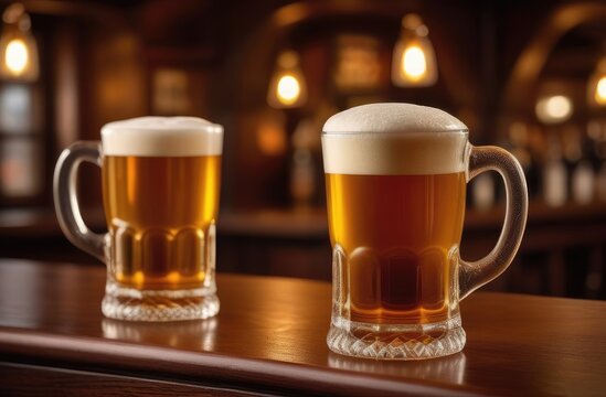 two mugs of amber beer with frothy head on bar counter, cozy tavern in background.