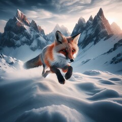 Nimble red fox hops and bounds over winter terrain
 - obrazy, fototapety, plakaty