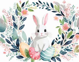 Happy easter! Vector elegant trendy watercolor illustration of cute Easter bunny with floral wreath, Easter eggs pattern, flowers, leaves and branches frame for greeting card, background or invitation