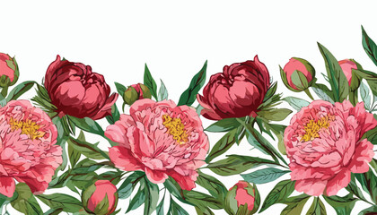 Peonies. Flowers. Vector floral illustrations of buds, leaves, frame, border, seamless pattern, peony for wedding invitation, greeting card or poster