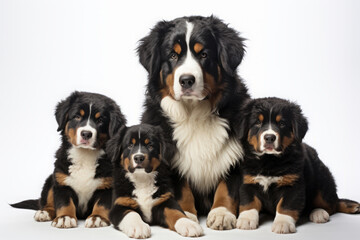 Bernese Mountain dog, a mother dog with puppies. an adult dog and its litter, cubs.