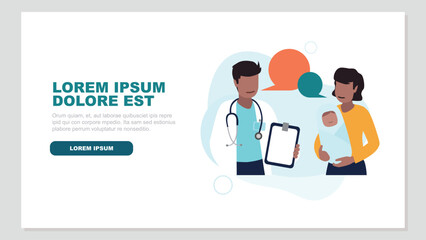 Vektor-Illustration eines Arztes im Gespräch mit einer jungen Mutter und ihrem neugeborenen Baby - Gesundheit Konzept