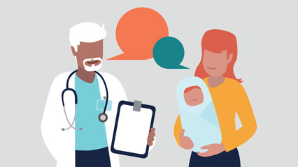 Fototapeta premium Vektor-Illustration eines Arztes im Gespräch mit einer jungen Mutter und ihrem neugeborenen Baby - Gesundheit Konzept