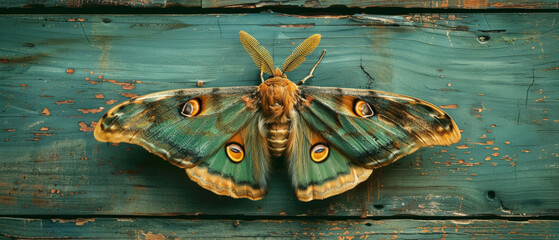 A striking moth with detailed wings rests on a contrasting turquoise painted wooden surface
