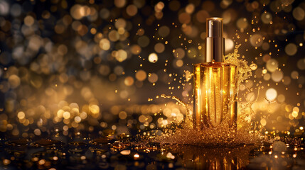 Luxury Golden Beauty Oil Splashing from Elegant Bottle