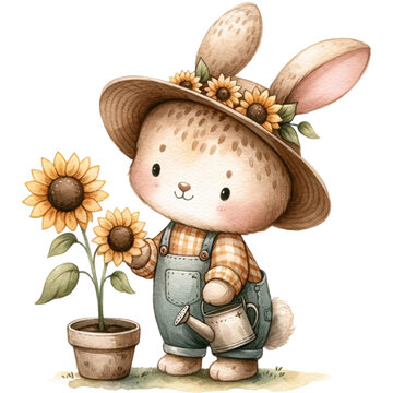 cute watercolor bunny with sunflower,sunflower lover, spring flowers