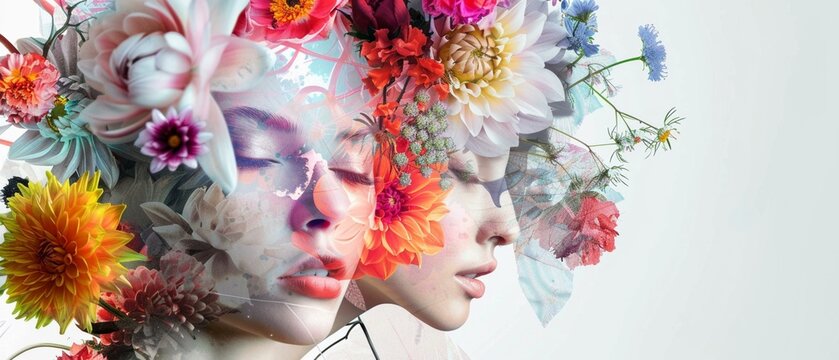 Woman and variety of flower graphic poster, mix media creative fashion campaign, stylish beautiful woman