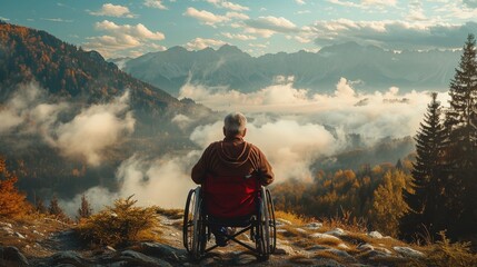 Man in wheelchair mountain range with fog with morning sunlight