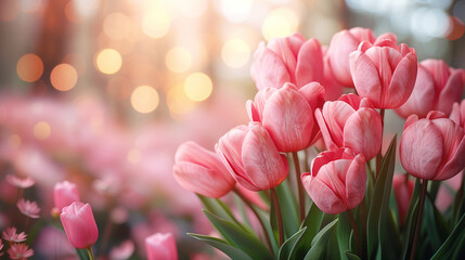 Beautiful pink tulips on a blurred spring sunny background. Hot pink floral background, texture for design, greeting card, mockup, copy space. - obrazy, fototapety, plakaty