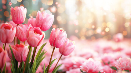 Beautiful pink tulips on a blurred spring sunny background. Hot pink floral background, texture for design, greeting card, mockup, copy space.