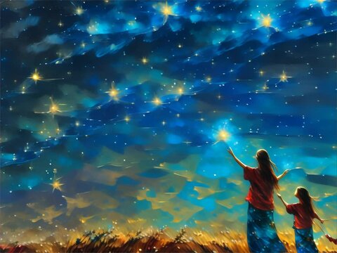 Children-Gazing-at-Starry-Night-Sky-Whimsical-Illustration,Whimsical illustration of children gazing up at a mesmerizing starry night sky, filled with the magic of the universe and childhood wonder