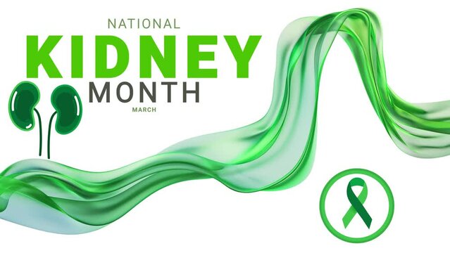 National Kidney month. Green color ribbon wave motion. kidney illustration.